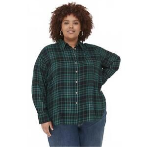 Lane Bryant Green Black Gold Lurex Plaid Flannel Button Down Shirt Size 38/40